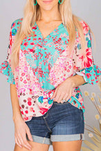 Load image into Gallery viewer, Multicolor Leopard Floral Mixed Print Ruffle Sleeve Surplice Blouse