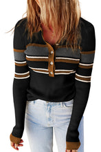 Load image into Gallery viewer, Black Rib Knitted Stripe Detail Henley Sweater