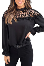 Load image into Gallery viewer, Black Leopard Mesh Splicing Ruffle Long Sleeve Blouse