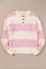 Load image into Gallery viewer, Pink Stripe Cable Knit Collared Henley Sweater
