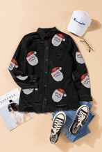 Load image into Gallery viewer, Black Sequined Santa Claus Graphic Frayed Denim Jacket
