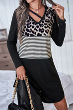Load image into Gallery viewer, Black Leopard Striped Patchwork Long Sleeve T-Shirt Dress
