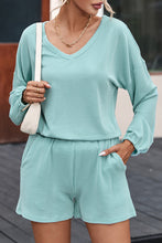 Load image into Gallery viewer, Mist Blue Corded V Neck Slouchy Top Pocketed Shorts Set