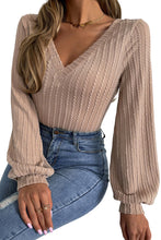 Load image into Gallery viewer, Khaki Knitted Jacquard V Neck Lantern Sleeve Top