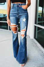 Load image into Gallery viewer, Blue High Waist Distressed Cutout Flare Leg Jeans
