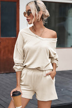 Load image into Gallery viewer, Beige Corded V Neck Slouchy Top Pocketed Shorts Set