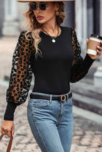 Load image into Gallery viewer, Black Leopard Mesh Puff Sleeve Patchwork Slim Fit Top
