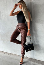 Load image into Gallery viewer, Brown Smocked High-Waist Leather Skinny Pants