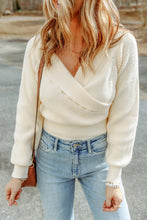 Load image into Gallery viewer, Beige Ribbed Long Sleeve Surplice Crop Sweater