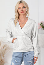 Load image into Gallery viewer, Gray Contrast Trim V Neck Wrap Sweatshirt with Pocket