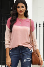 Load image into Gallery viewer, Pink Color Block Long Sleeve Ribbed Loose Top