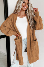 Load image into Gallery viewer, Khaki Ribbed Trim Eyelet Cable Knit Cardigan