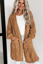 Load image into Gallery viewer, Khaki Ribbed Trim Eyelet Cable Knit Cardigan