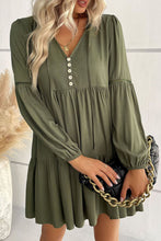 Load image into Gallery viewer, Green Lace Puff Sleeve Buttoned Tiered Ruffled Mini Dress