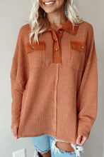 Load image into Gallery viewer, Waffle Knit Button Contrast Trim Long Sleeve Top