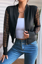 Load image into Gallery viewer, Black Latticed Mesh Sleeve Zip Up Bomber Jacket
