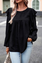Load image into Gallery viewer, Black Lace Eyelet Ruffle Shoulder Long Sleeve Blouse