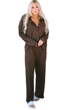Load image into Gallery viewer, Brown Ribbed Knit Collared Henley Top and Pants Lounge Outfit