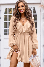 Load image into Gallery viewer, Khaki Textured Ruffled V Neck High Waist Mini Dress