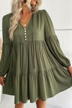 Load image into Gallery viewer, Green Lace Puff Sleeve Buttoned Tiered Ruffled Mini Dress
