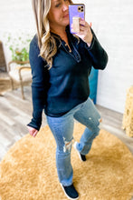 Load image into Gallery viewer, Black Plus Size Contrasting Topstitch Ribbed Henley Top