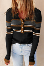 Load image into Gallery viewer, Black Rib Knitted Stripe Detail Henley Sweater