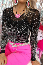 Load image into Gallery viewer, Black Rhinestone Embellished Mesh Long Sleeve Bodysuit