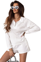 Load image into Gallery viewer, White Ribbed Zipper Sweatshirt and High Waist Shorts Set