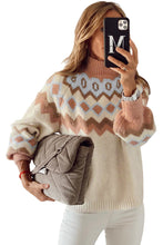 Load image into Gallery viewer, Khaki Geometric Pattern Ribbed Trim High Neck Sweater