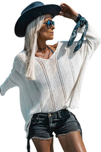 Load image into Gallery viewer, White Hollowed Detail Knitted Loose V Neck Sweater