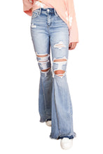 Load image into Gallery viewer, Light Wash Distressed High Rise Flare Jeans