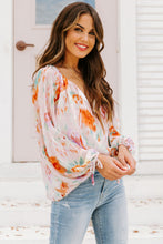 Load image into Gallery viewer, Multicolor Abstract Print Split Neck Puff Sleeve Blouse