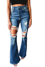Load image into Gallery viewer, Blue High Waist Distressed Cutout Flare Leg Jeans