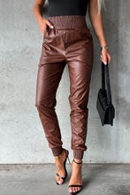 Load image into Gallery viewer, Brown Smocked High-Waist Leather Skinny Pants
