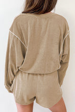 Load image into Gallery viewer, Khaki Piping Trim Long Sleeve Terry Shorts Set