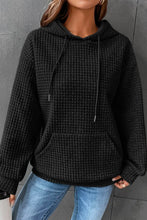 Load image into Gallery viewer, Black Lattice Textured Kangaroo Pocket Drawstring Hoodie