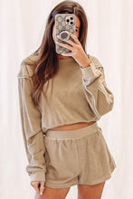 Load image into Gallery viewer, Khaki Piping Trim Long Sleeve Terry Shorts Set