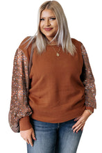 Load image into Gallery viewer, Brown Plus Size Printed Splicing Sleeve Ribbed Trim Sweater