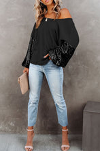 Load image into Gallery viewer, Black Sequin Patchwork Sleeve Open Back Waffle Knit Top