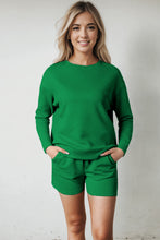 Load image into Gallery viewer, Green Textured Long Sleeve Top and Drawstring Shorts Set