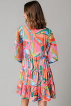 Load image into Gallery viewer, Multicolor Geometric Print Split Neck Ruffle Tiered Mini Dress