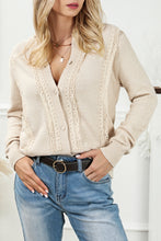 Load image into Gallery viewer, Apricot Lace Trim Ribbed Round Neck Button Up Cardigan
