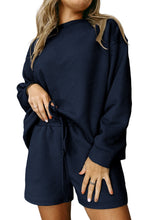 Load image into Gallery viewer, Navy Blue Textured Long Sleeve Top and Drawstring Shorts Set