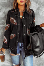 Load image into Gallery viewer, Black Sequined Rugby Graphic Frayed Denim Shacket
