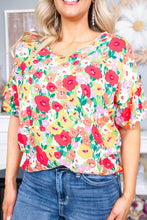 Load image into Gallery viewer, Floral Print Ruffled Short Sleeve V Neck Blouse