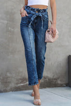 Load image into Gallery viewer, Blue Seamed Stitching High Waist Knot Skinny Jeans
