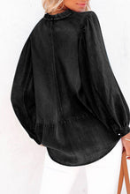 Load image into Gallery viewer, Black Split V-Neck Balloon Sleeve Ruched Denim Top
