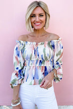Load image into Gallery viewer, Abstract Print Frill Off Shoulder Bubble Sleeve Blouse