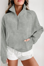 Load image into Gallery viewer, Gray Zip Up Stand Collar Ribbed Thumbhole Sleeve Sweatshirt
