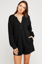 Load image into Gallery viewer, Black Brushed Ribbed Button Split V Neck Long Sleeve Romper
